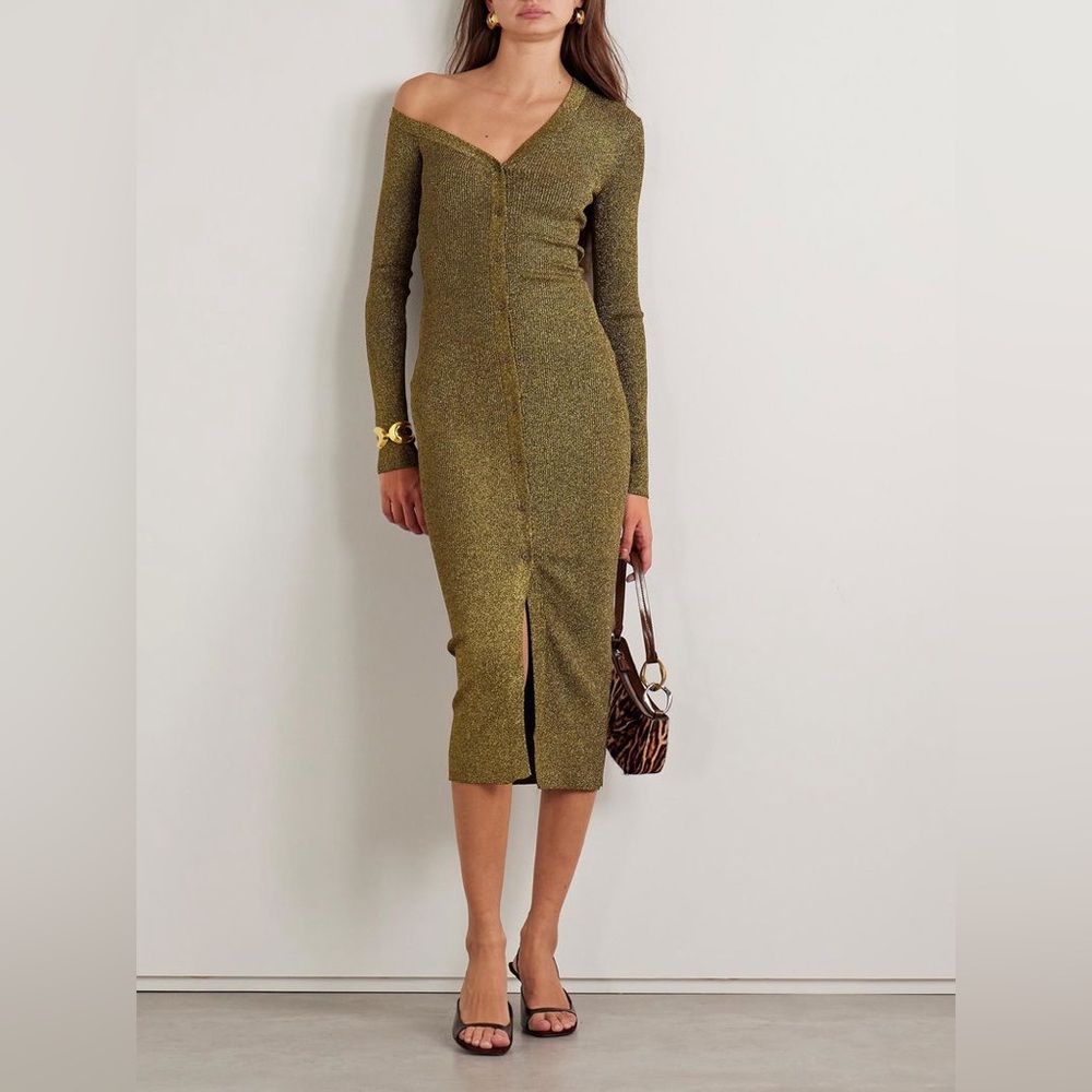 STAUD Craftsman Off-the-Shoulder Metallic Ribbed-Knit Midi Dress - Picture 1 of 13